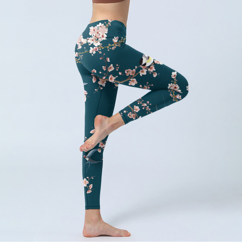 Buddha Stones Sparrow Swallow Peach Blossom Pattern Print Gym Leggings Women's Yoga Pants - image 4