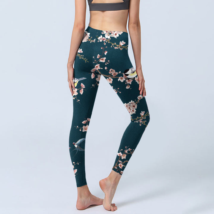 Buddha Stones Sparrow Swallow Peach Blossom Pattern Print Gym Leggings Women's Yoga Pants - image 3