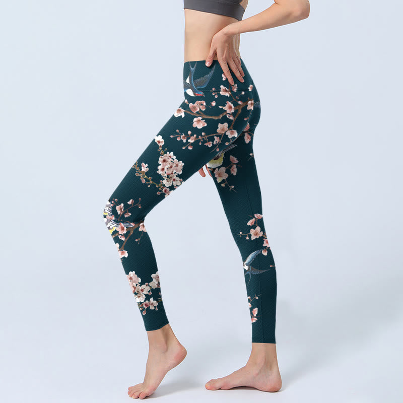 Buddha Stones Sparrow Swallow Peach Blossom Pattern Print Gym Leggings Women's Yoga Pants - image 2