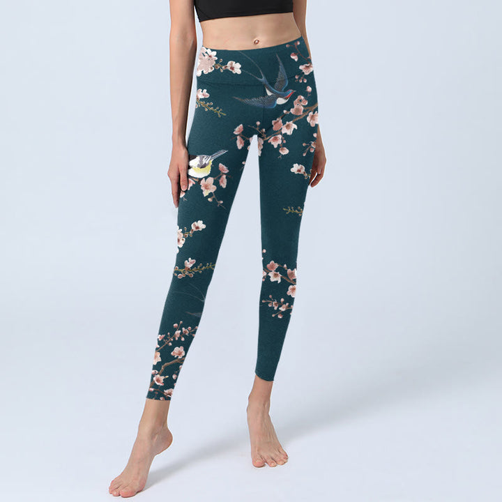 Buddha Stones Sparrow Swallow Peach Blossom Pattern Print Gym Leggings Women's Yoga Pants - image 5