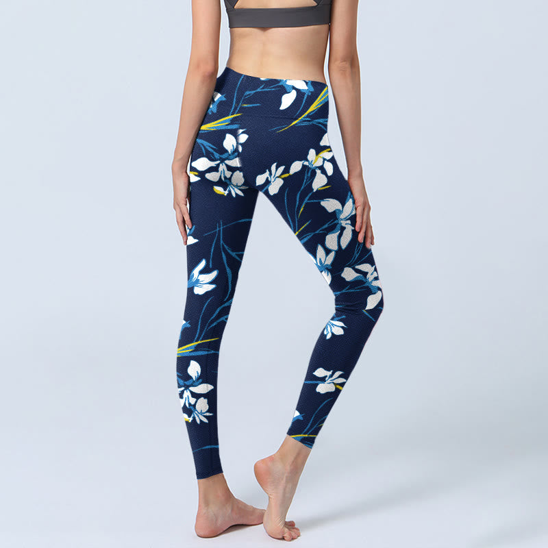 Buddha Stones White Blossom Leaves Pattern Print Gym Leggings Women's Yoga Pants - image 3