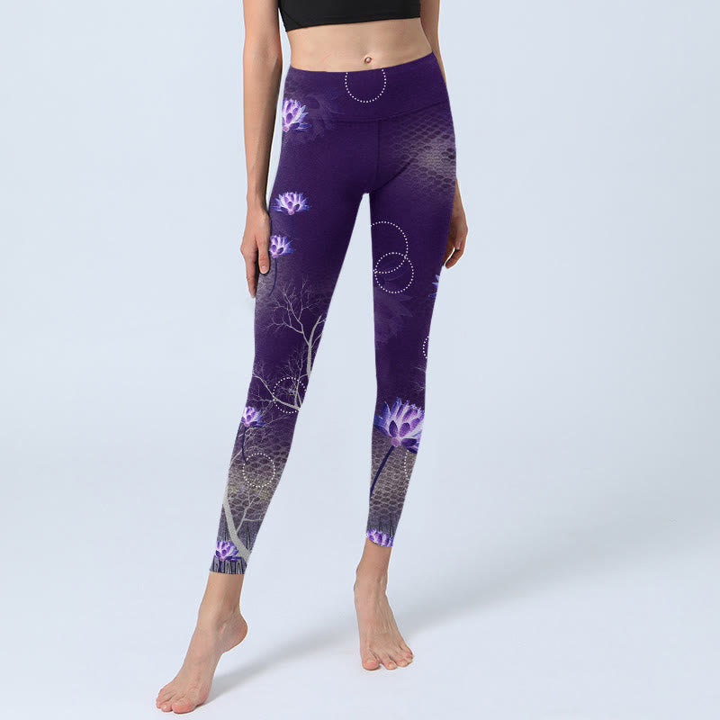 Buddha Stones Lotus Flower White Branch Dotted Circle Pattern Print Gym Leggings Women's Yoga Pants - image 5