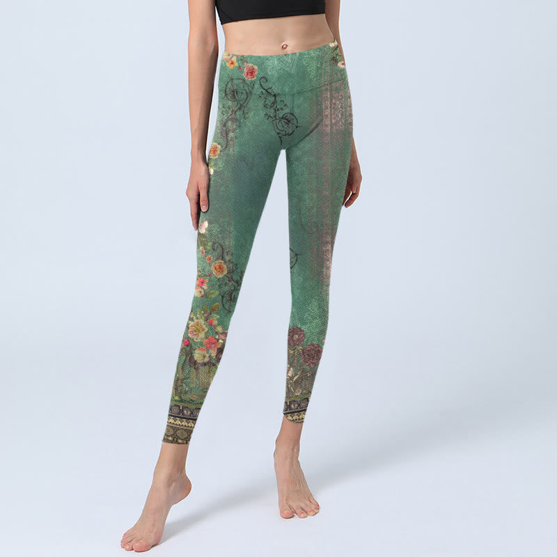Buddha Stones Vintage Floral Garland Lace Damask Pattern Print Gym Leggings Women's Yoga Pants - image 5