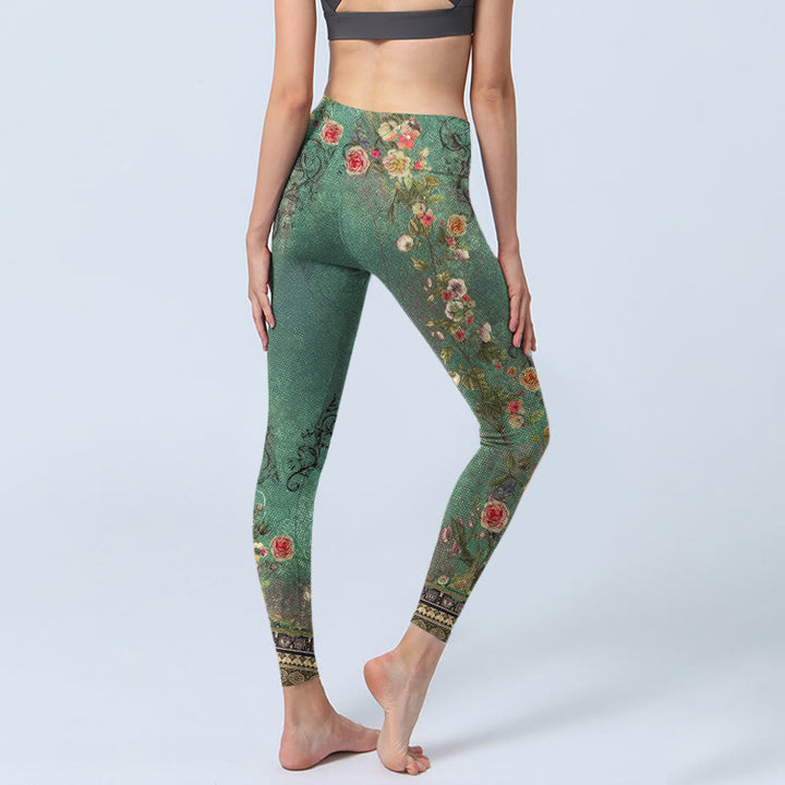 Buddha Stones Vintage Floral Garland Lace Damask Pattern Print Gym Leggings Women's Yoga Pants - image 3