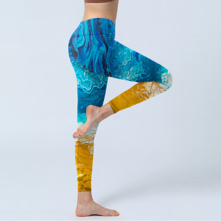 Buddha Stones Ocean Wave Golden Shore Pattern Print Gym Leggings Women's Yoga Pants - image 4