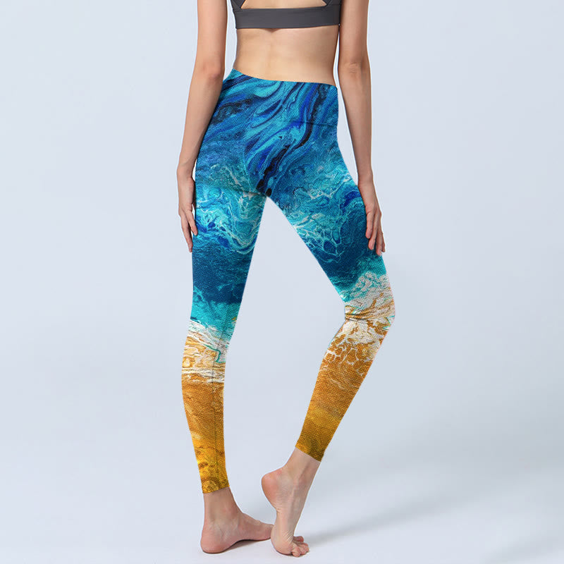 Buddha Stones Ocean Wave Golden Shore Pattern Print Gym Leggings Women's Yoga Pants - image 3