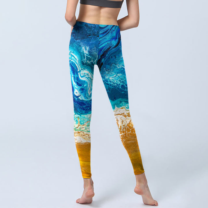 Buddha Stones Ocean Wave Golden Shore Pattern Print Gym Leggings Women's Yoga Pants - image 6