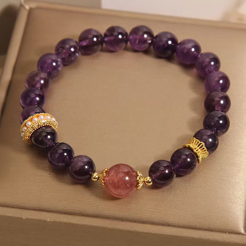 Buddha Stones Natural Amethyst Lucky Strawberry Quartz Beads Peace Bracelet - Amethyst(Wrist Circumference: 6-6.3in) - image 0