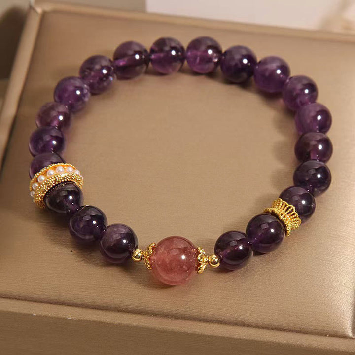 Buddha Stones Natural Amethyst Lucky Strawberry Quartz Beads Peace Bracelet - Amethyst(Wrist Circumference: 6-6.3in) - image 0