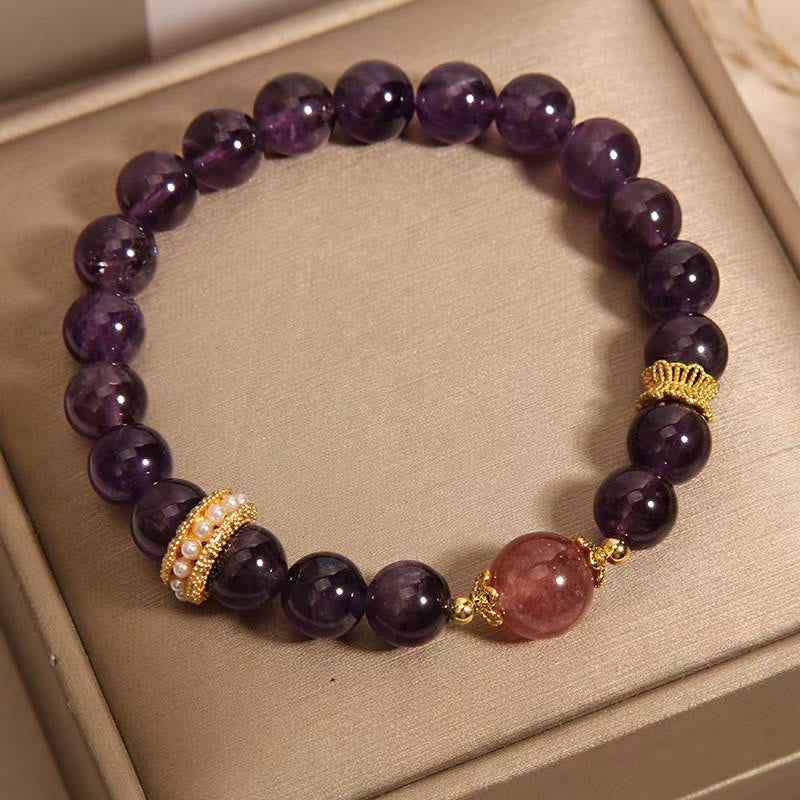 Buddha Stones Natural Amethyst Lucky Strawberry Quartz Beads Peace Bracelet - image 3
