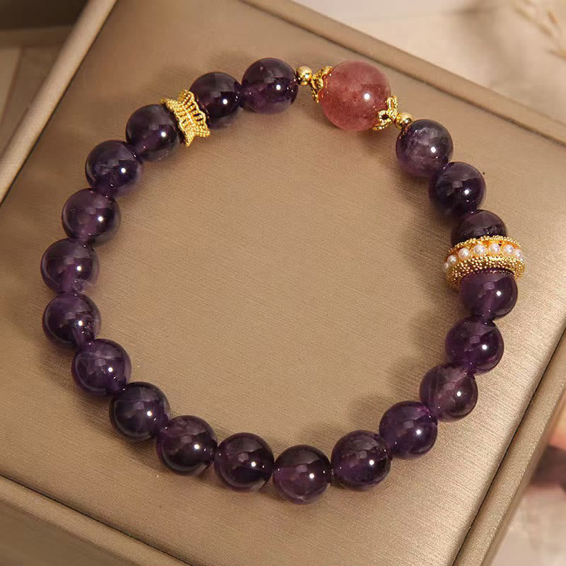 Buddha Stones Natural Amethyst Lucky Strawberry Quartz Beads Peace Bracelet - image 1