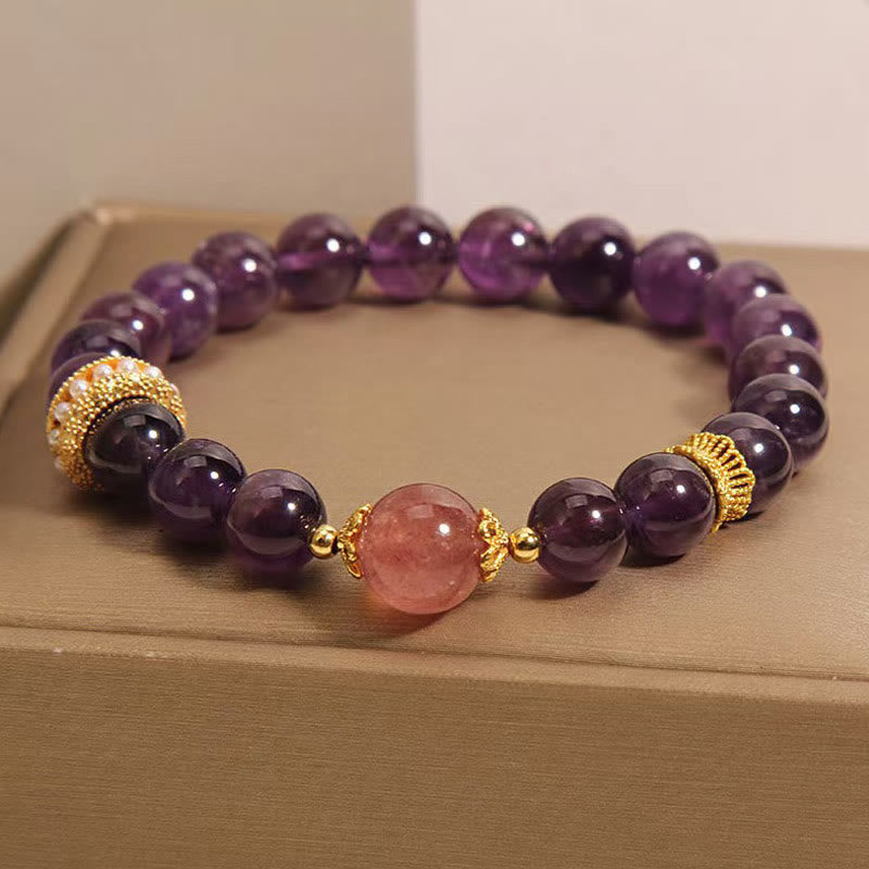 Buddha Stones Natural Amethyst Lucky Strawberry Quartz Beads Peace Bracelet - image 2