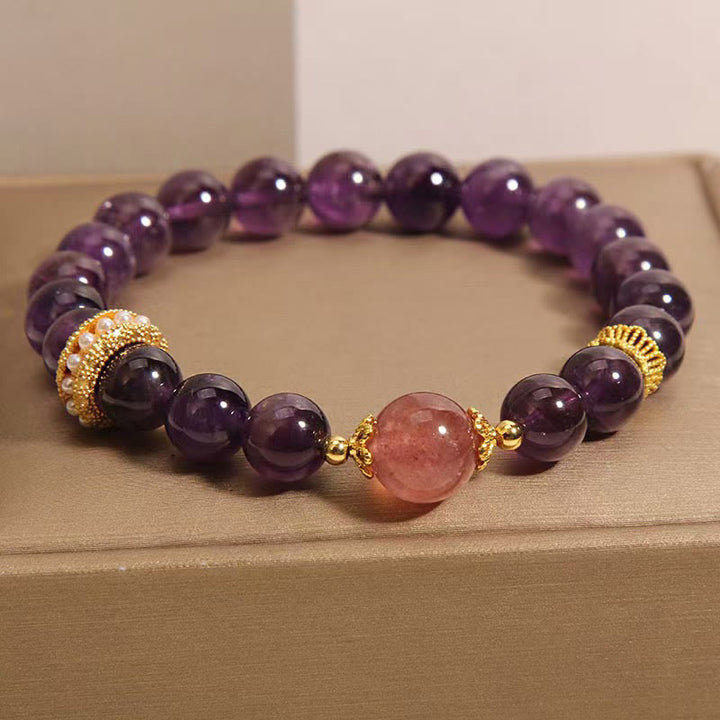 Buddha Stones Natural Amethyst Lucky Strawberry Quartz Beads Peace Bracelet - image 4