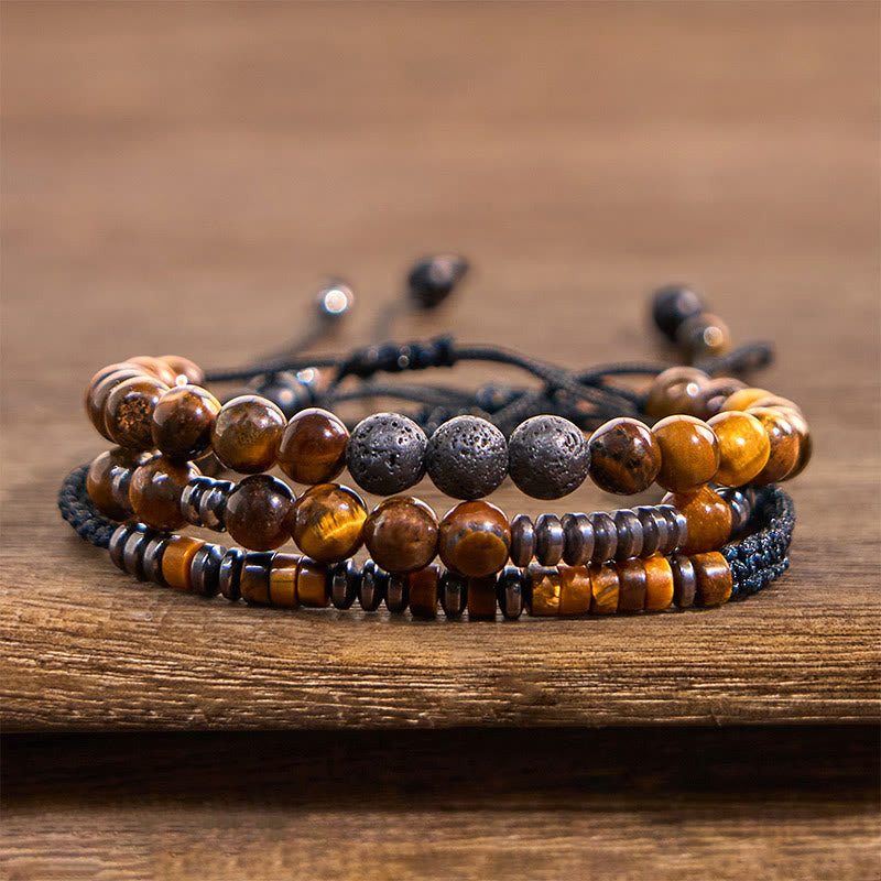 Buddha Stones 3Pcs Tiger Eye Lava Rock Protection Bracelet Set - 3Pcs Tiger Eye Set(Wrist Circumference: 15-26cm) - image 0
