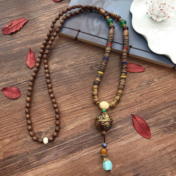 Buddha Stones Tibetan Handmade Coconut Shell Schima Wood Great Bright Mantra Copper Bead Balance Necklace Pendant - image 9