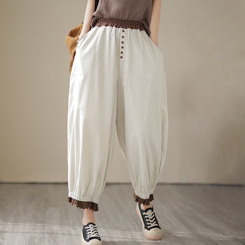 Buddha Stones Casual Spring Solid Color Patchwork Design Women's Cotton Linen Elastic Waistband Harem Pants With Pockets - Linen - US8-10，UK/AU12-14，EU40-42 (2XL) - image 0