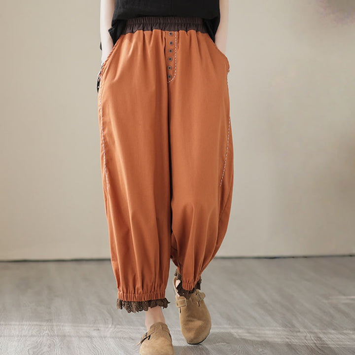 Buddha Stones Casual Spring Solid Color Patchwork Design Women's Cotton Linen Elastic Waistband Harem Pants With Pockets - image 10