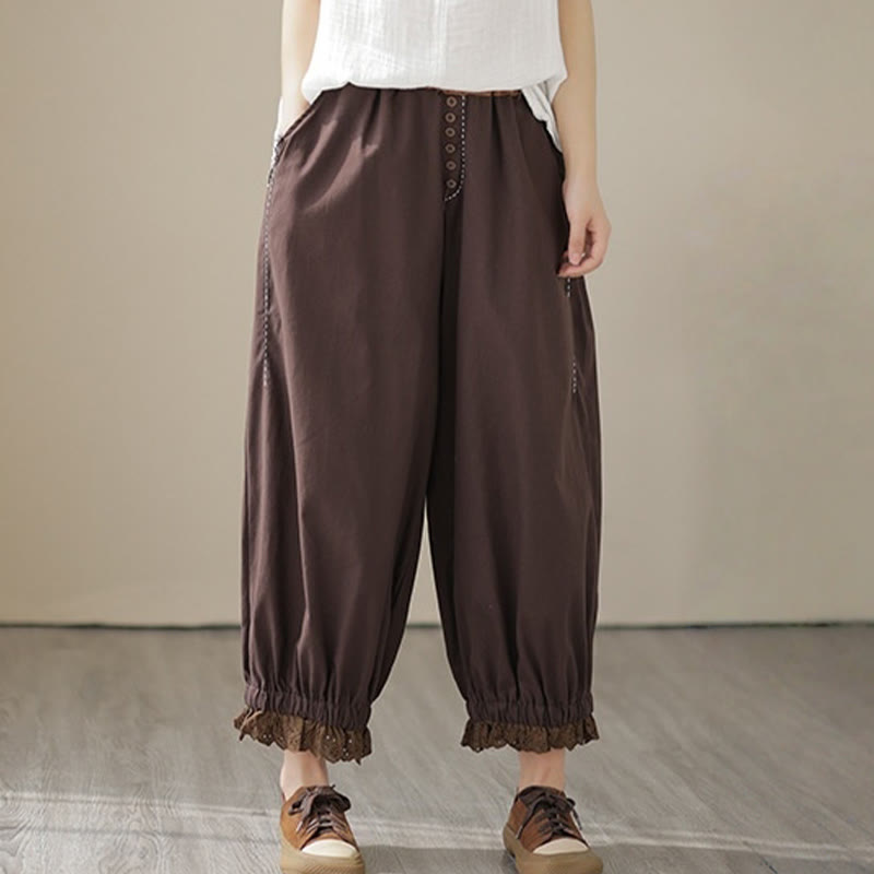 Buddha Stones Casual Spring Solid Color Patchwork Design Women's Cotton Linen Elastic Waistband Harem Pants With Pockets - image 20
