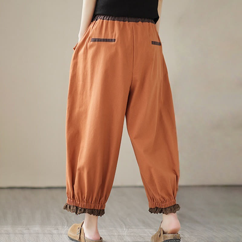 Buddha Stones Casual Spring Solid Color Patchwork Design Women's Cotton Linen Elastic Waistband Harem Pants With Pockets - image 11