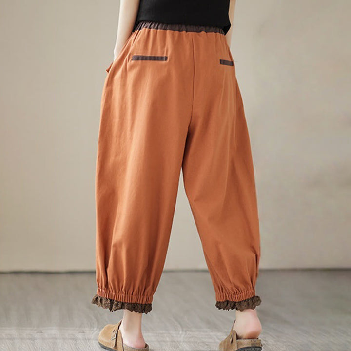 Buddha Stones Casual Spring Solid Color Patchwork Design Women's Cotton Linen Elastic Waistband Harem Pants With Pockets - image 11