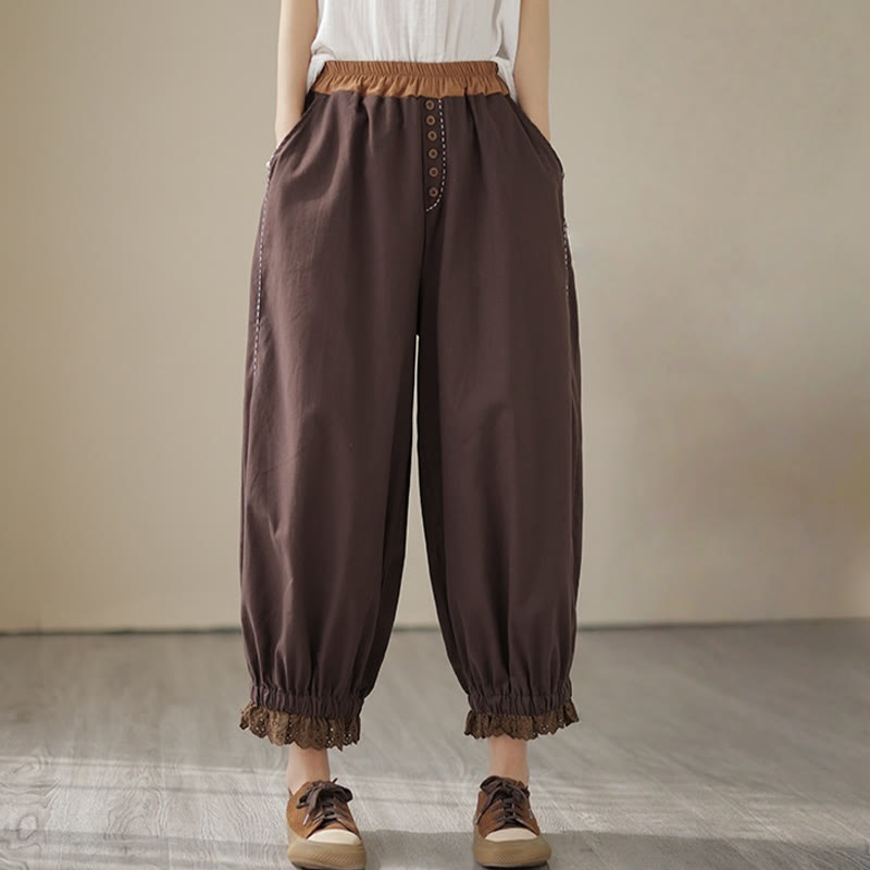 Buddha Stones Casual Spring Solid Color Patchwork Design Women's Cotton Linen Elastic Waistband Harem Pants With Pockets - image 19