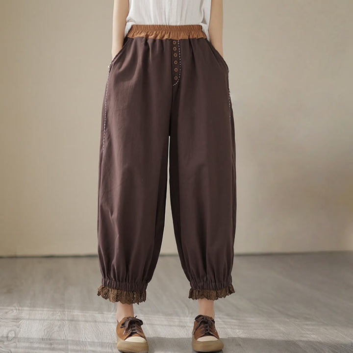 Buddha Stones Casual Spring Solid Color Patchwork Design Women's Cotton Linen Elastic Waistband Harem Pants With Pockets - image 19