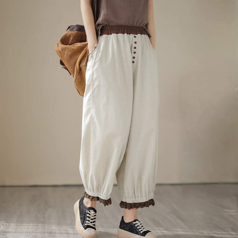 Buddha Stones Casual Spring Solid Color Patchwork Design Women's Cotton Linen Elastic Waistband Harem Pants With Pockets - image 1