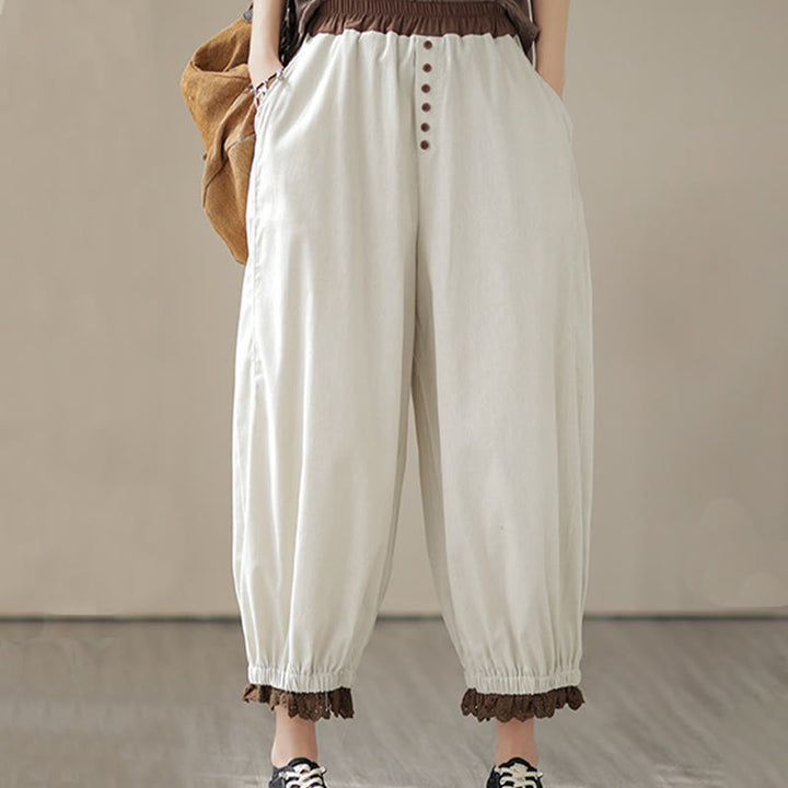 Buddha Stones Casual Spring Solid Color Patchwork Design Women's Cotton Linen Elastic Waistband Harem Pants With Pockets - image 5