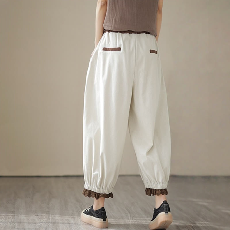 Buddha Stones Casual Spring Solid Color Patchwork Design Women's Cotton Linen Elastic Waistband Harem Pants With Pockets - image 2