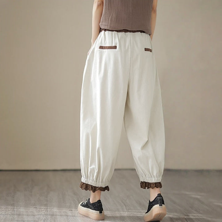 Buddha Stones Casual Spring Solid Color Patchwork Design Women's Cotton Linen Elastic Waistband Harem Pants With Pockets - image 2