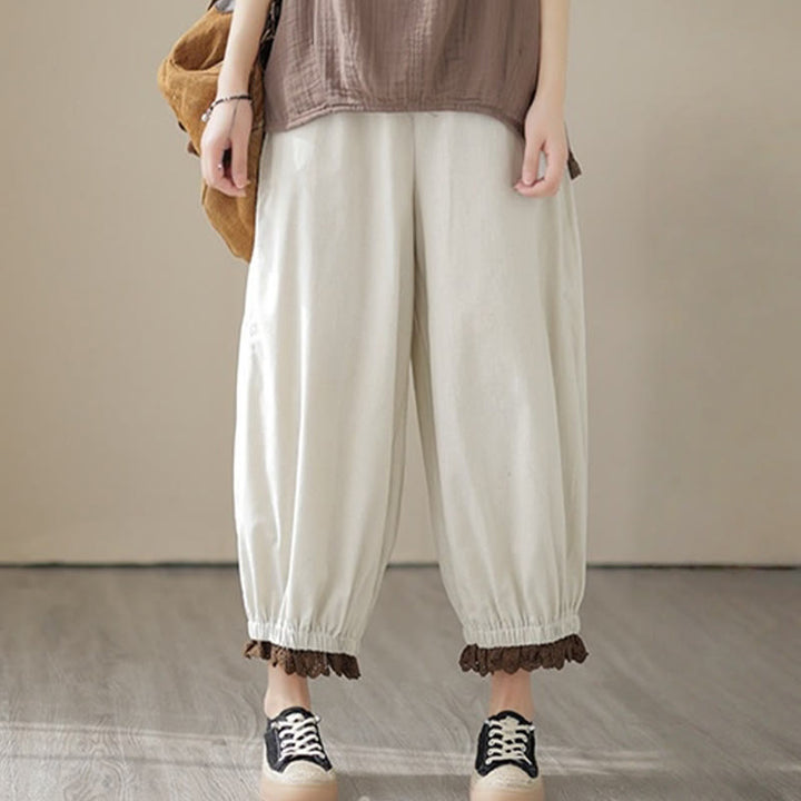 Buddha Stones Casual Spring Solid Color Patchwork Design Women's Cotton Linen Elastic Waistband Harem Pants With Pockets - image 4