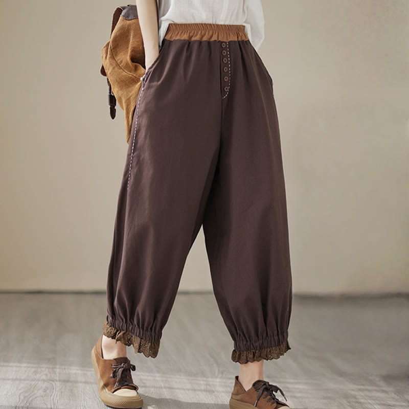 Buddha Stones Casual Spring Solid Color Patchwork Design Women's Cotton Linen Elastic Waistband Harem Pants With Pockets - image 18