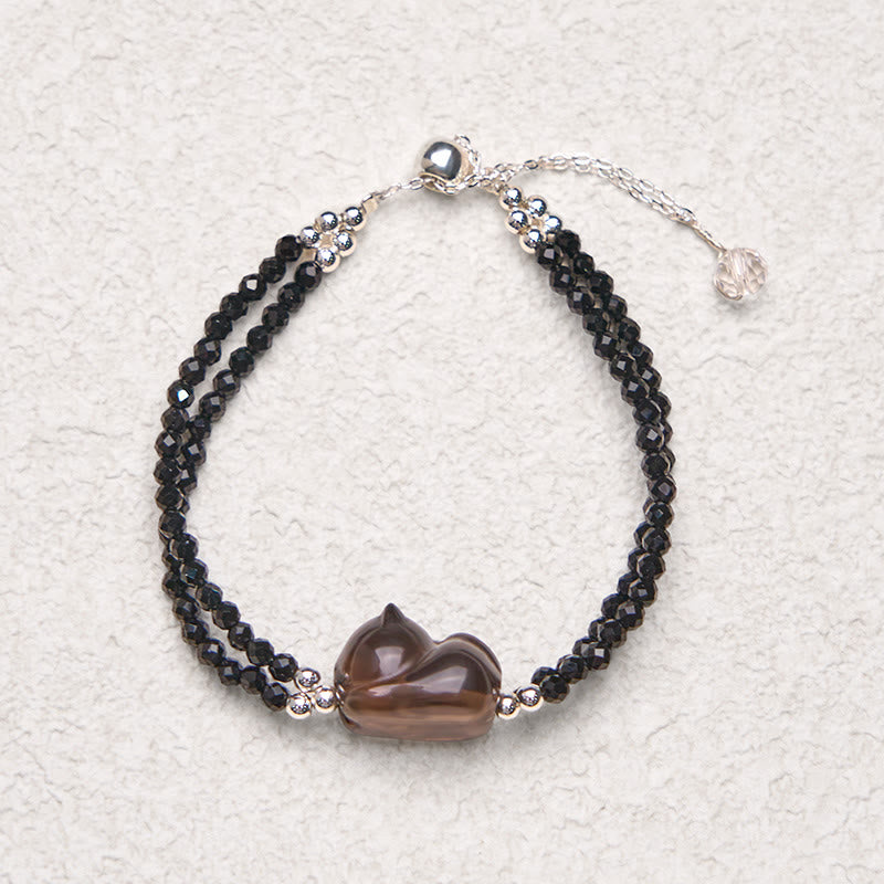 Buddha Stones Ice Obsidian Black Spinel Lying Cat Courage Double Layer Bracelet - image 4