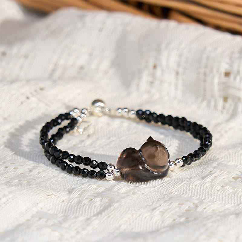 Buddha Stones Ice Obsidian Black Spinel Lying Cat Courage Double Layer Bracelet - Ice Obsidian(Wrist Circumference:16cm) - image 0