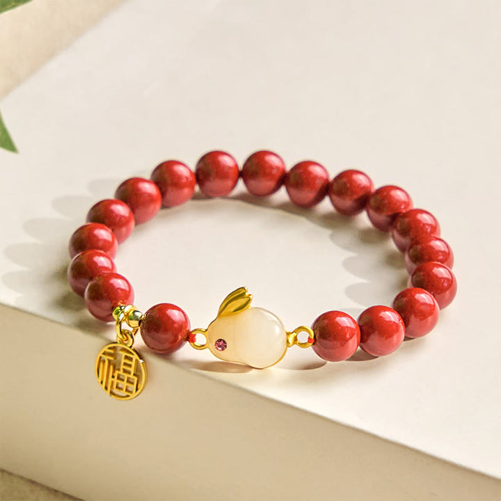 Buddha Stones Cinnabar Rabbit Bunny Fu Character Blessing Bracelet - image 2