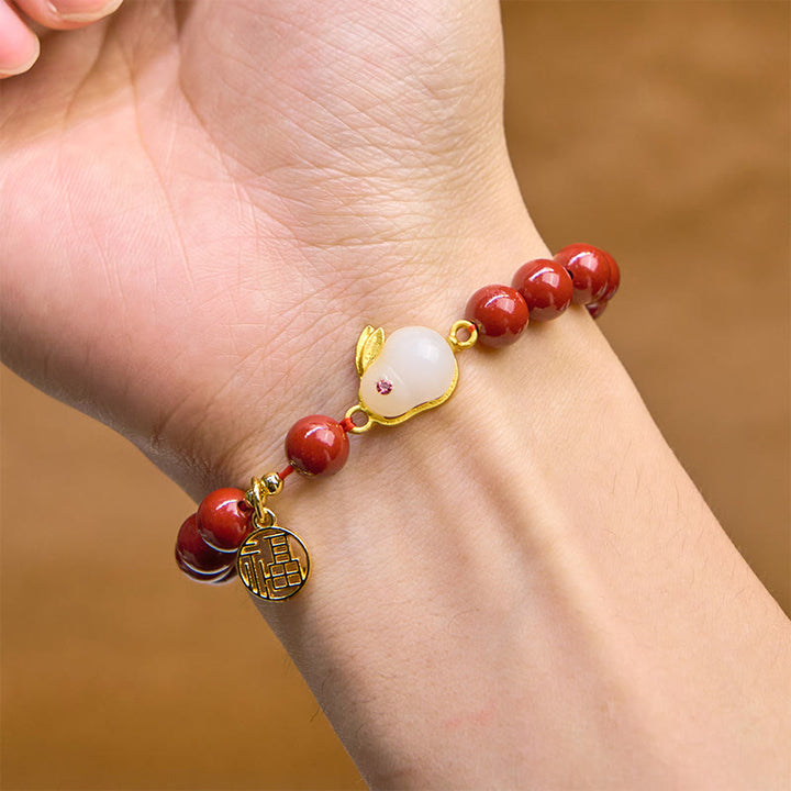 Buddha Stones Cinnabar Rabbit Bunny Fu Character Blessing Bracelet - image 4