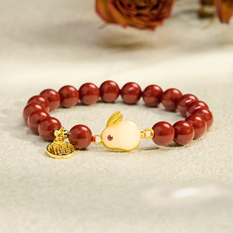 Buddha Stones Cinnabar Rabbit Bunny Fu Character Blessing Bracelet - image 1
