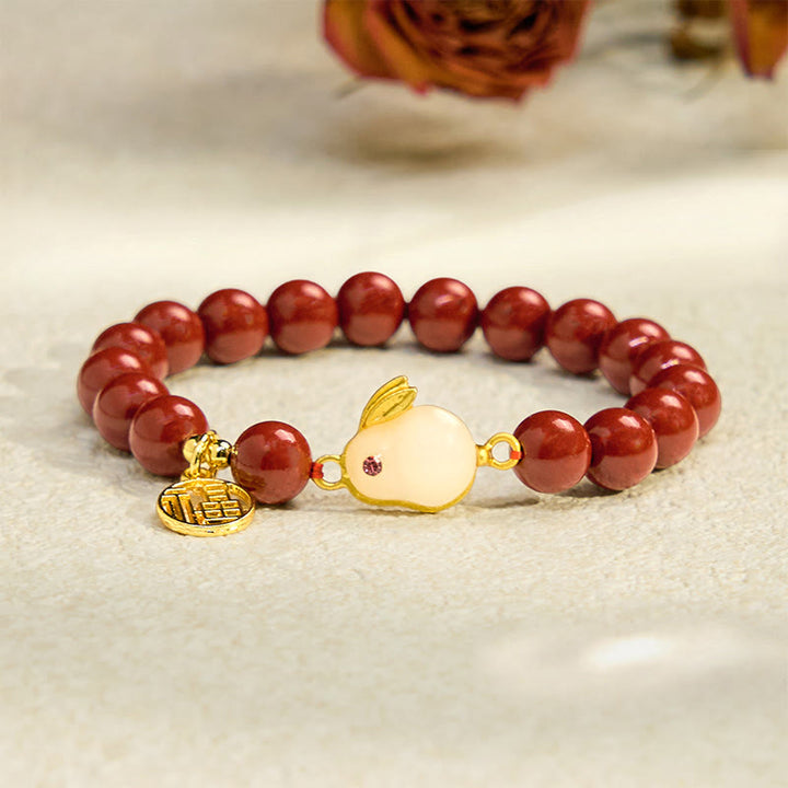 Buddha Stones Cinnabar Rabbit Bunny Fu Character Blessing Bracelet - image 1