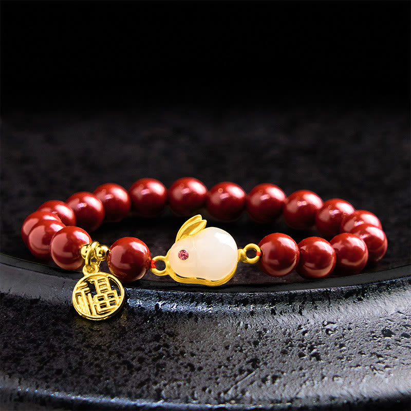 Buddha Stones Cinnabar Rabbit Bunny Fu Character Blessing Bracelet - Cinnabar(Wrist Circumference 14-16cm) - image 0