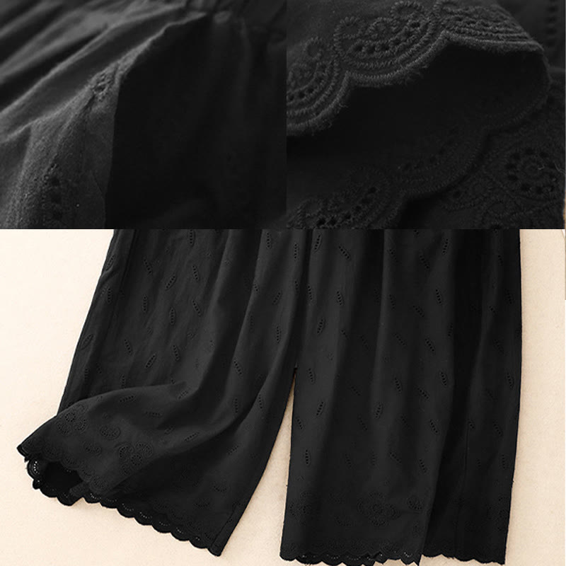 Buddha Stones Summer Vintage Embroidery Lace Hem Patchwork Design Women's Wide Leg Cotton Pants With Pockets - image 9