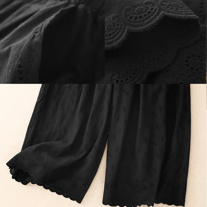 Buddha Stones Summer Vintage Embroidery Lace Hem Patchwork Design Women's Wide Leg Cotton Pants With Pockets - image 9