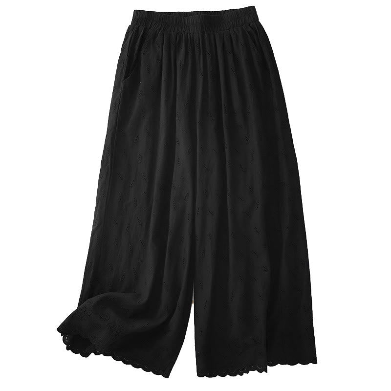 Buddha Stones Summer Vintage Embroidery Lace Hem Patchwork Design Women's Wide Leg Cotton Pants With Pockets - image 10