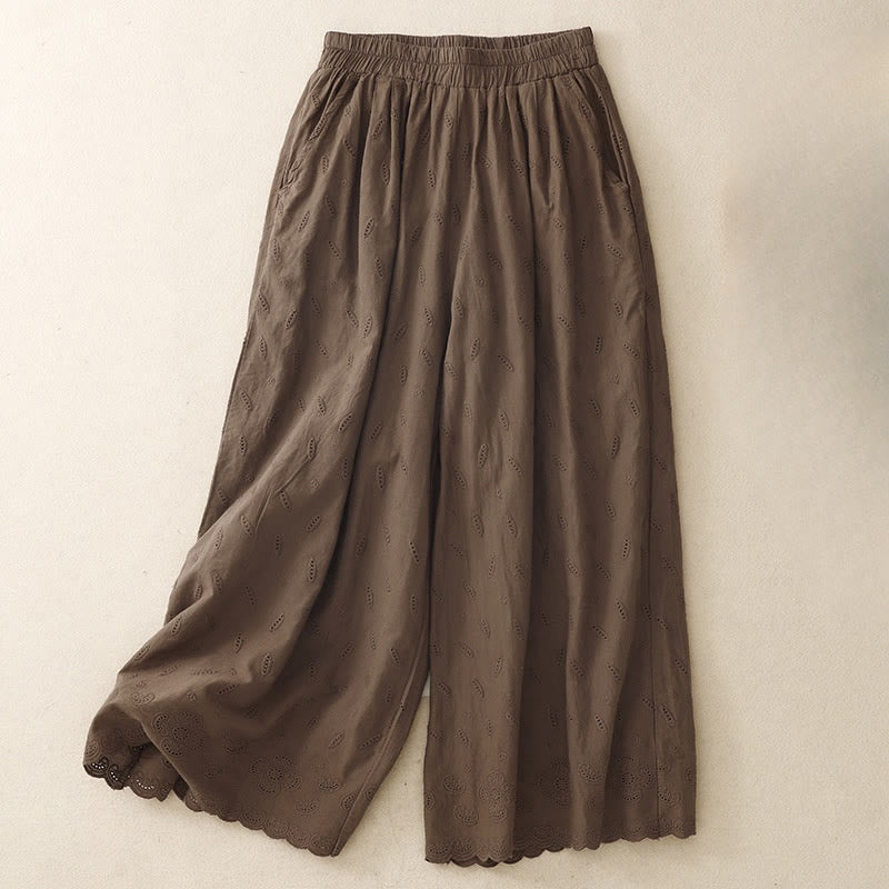 Buddha Stones Summer Vintage Embroidery Lace Hem Patchwork Design Women's Wide Leg Cotton Pants With Pockets - SaddleBrown - US6，UK/AU10，EU38 (XL) - image 0