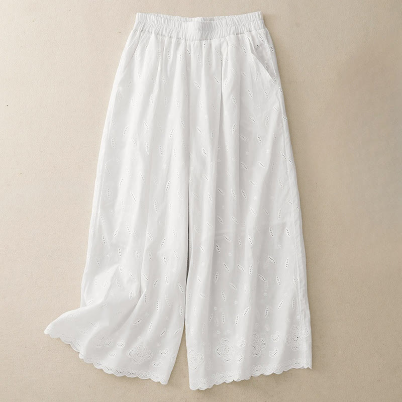 Buddha Stones Summer Vintage Embroidery Lace Hem Patchwork Design Women's Wide Leg Cotton Pants With Pockets - White - US6，UK/AU10，EU38 (XL) - image 3