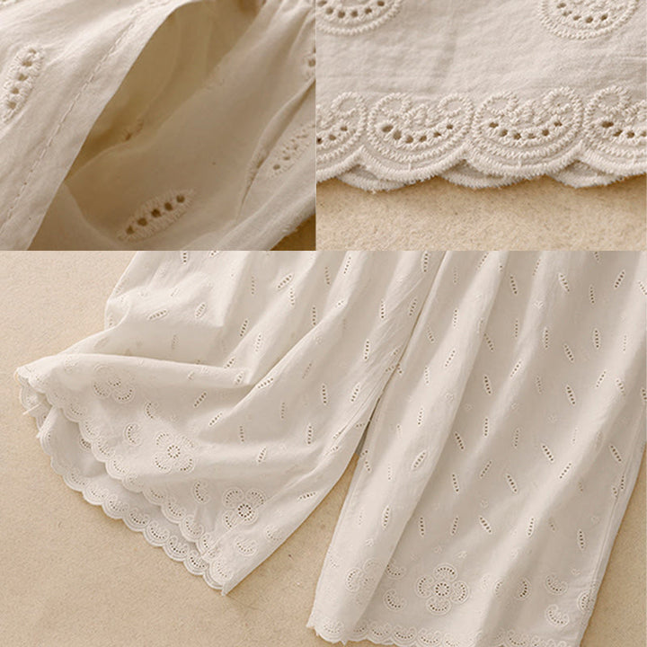 Buddha Stones Summer Vintage Embroidery Lace Hem Patchwork Design Women's Wide Leg Cotton Pants With Pockets - image 19