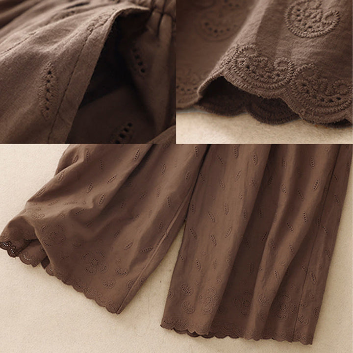 Buddha Stones Summer Vintage Embroidery Lace Hem Patchwork Design Women's Wide Leg Cotton Pants With Pockets - image 2