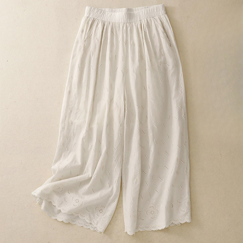 Buddha Stones Summer Vintage Embroidery Lace Hem Patchwork Design Women's Wide Leg Cotton Pants With Pockets - Beige - US6，UK/AU10，EU38 (XL) - image 11