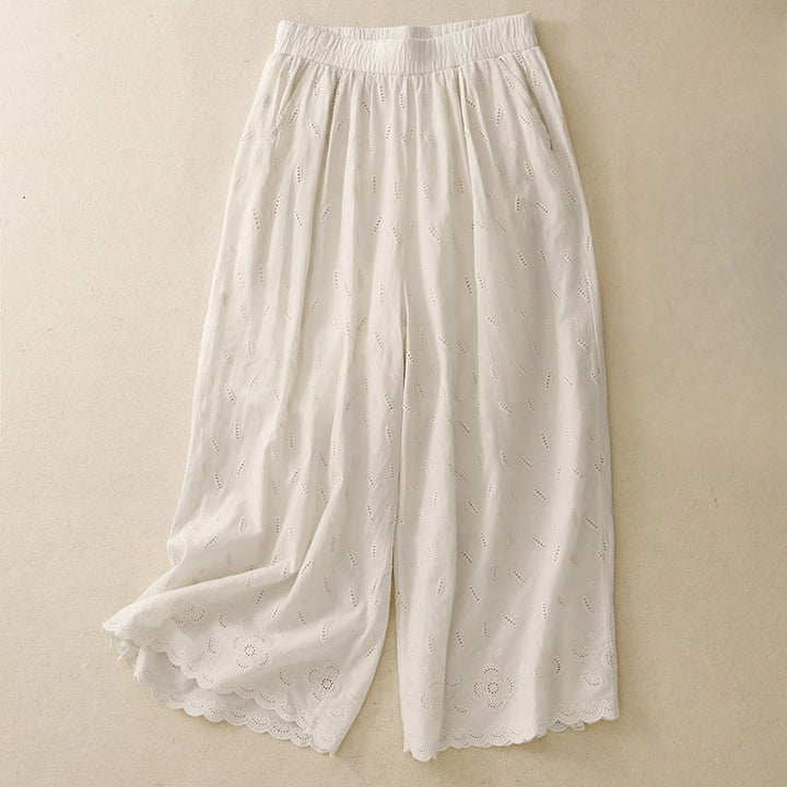 Buddha Stones Summer Vintage Embroidery Lace Hem Patchwork Design Women's Wide Leg Cotton Pants With Pockets - Beige - US6，UK/AU10，EU38 (XL) - image 11