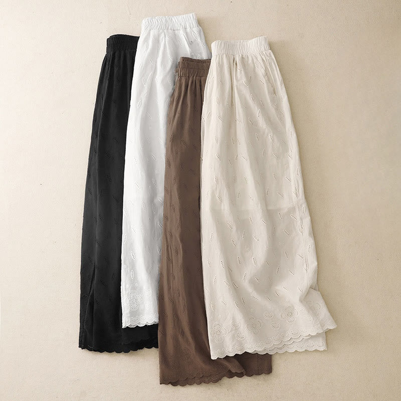 Buddha Stones Summer Vintage Embroidery Lace Hem Patchwork Design Women's Wide Leg Cotton Pants With Pockets - image 20