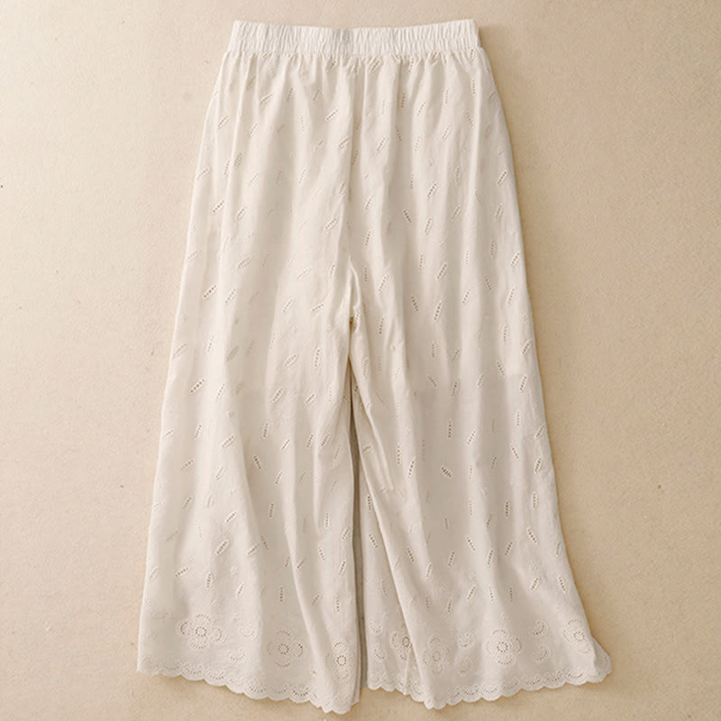 Buddha Stones Summer Vintage Embroidery Lace Hem Patchwork Design Women's Wide Leg Cotton Pants With Pockets - image 12